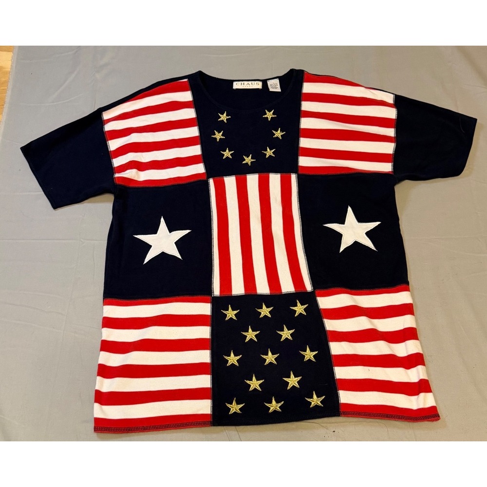 Chaus Sport Vintage Americana Stars Stripes Patchwork‎ T-Shirt Navy Red White L